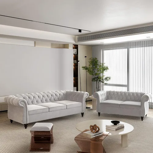 QHITTY Juego de 2 piezas para sala de estar, Sofá Seccional Chesterfield Silla Contemporáneo Tapizado de Terciopelo Loveseat Juego de Sofás para