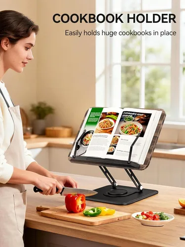 Miniatura 3 de Tounee Soporte para libros, soporte giratorio de 360°, soporte ajustable para libros de cocina para leer manos libres, soporte plegable para libros