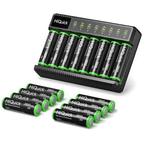 Miniatura 9 de HiQuick Cargador inteligente de 8 bahías con batería recargable AA AAA, 4 pilas AA de 2800 mAh y 4 pilas AAA de 1100 mAh, carga rápida