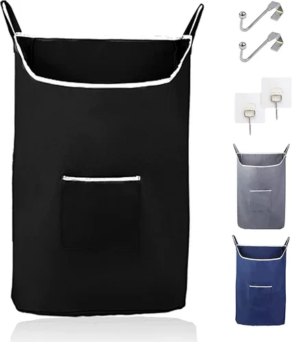 The Fine Living Co. Cesta de lavandería colgante extragrande con ganchos para la puerta y adhesivo, bolsa de lavandería duradera que ahorra espacio