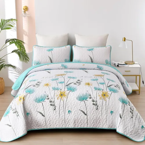 Dinjoy Juego de colcha floral tamaño Queen, colcha azul agua tamaño Queen de 3 piezas, juego de ropa de cama ligera de estilo granja, colcha de