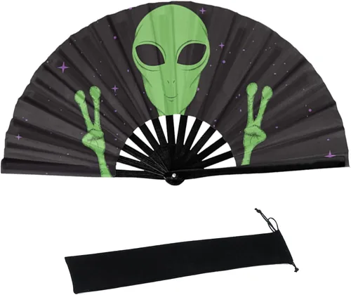 Miniatura 39 de HeyToo Ventilador de mano grande para mujeres/hombres, con brillo UV, para Drag Queen, cosplay, EDM, club, fiesta, música, festival, baile, Cuadrado