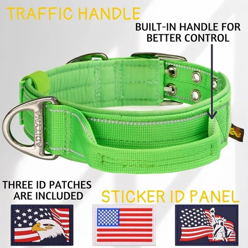 Miniatura 3 de ADITYNA Collar de perro resistente para perros grandes, collar verde reflectante con asa para entrenar y caminar, ancho, grueso, táctico, acolchado