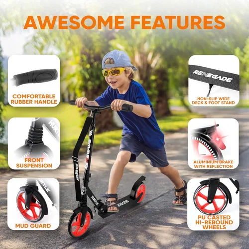 Miniatura 2 de Hurtle Renegade Kick Scooter for Kids, Teenagers & Adults - 2-Wheel Folding Scooter with Adjustable T-Bar Handlebar - Alloy Anti-Slip Deck