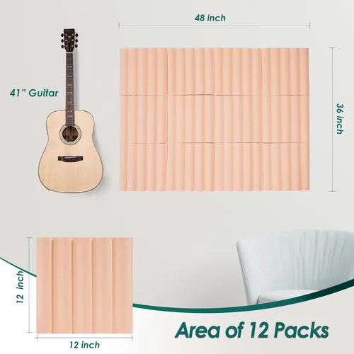 Miniatura 2 de Paquete de 12 paneles acústicos cuadrados laminados en forma de onda, paneles de pared insonorizados de 12 x 12 x 0.4 pulgadas, absorbentes