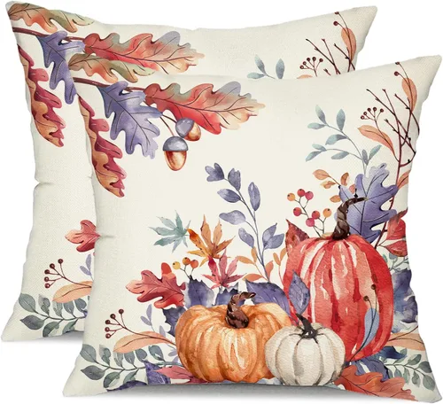 Miniatura 13 de DFXSZ Fundas de almohada de otoño de 16 x 16 pulgadas, juego de 2 fundas decorativas de otoño de hojas caídas de calabaza en acuarela azul y verde