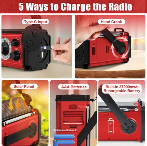 Miniatura 6 de Radio de emergencia con manivela de 37000 mWh, radio meteorológica solar portátil AM/FM/NOAA con batería recargable, cargador USB, alarma SOS