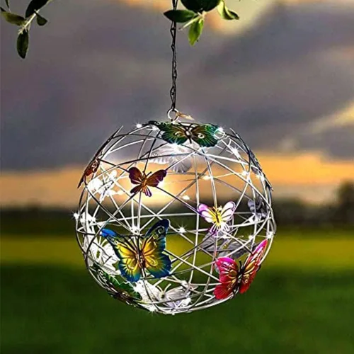 Jardín colgante luz solar redonda bola luz con mariposa con lámpara de tejer impermeable decoración jardín decoración decorativa luz nocturna