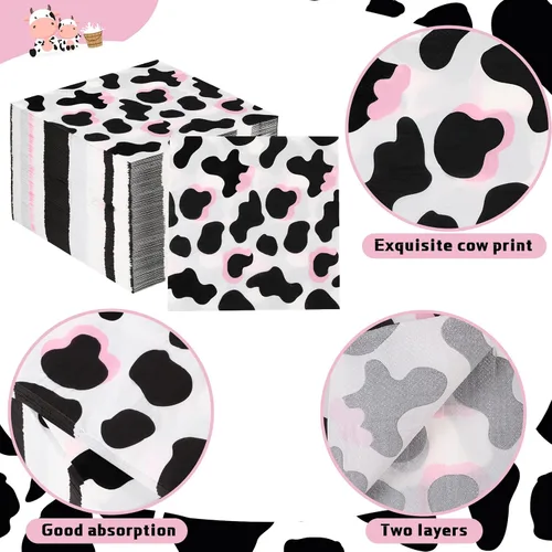 Miniatura 2 de Fainne Paquete de 100 servilletas con estampado de vaca y vaquera rosa, 2 capas, servilletas de fiesta de animales de granja, 13 x 13 pulgadas