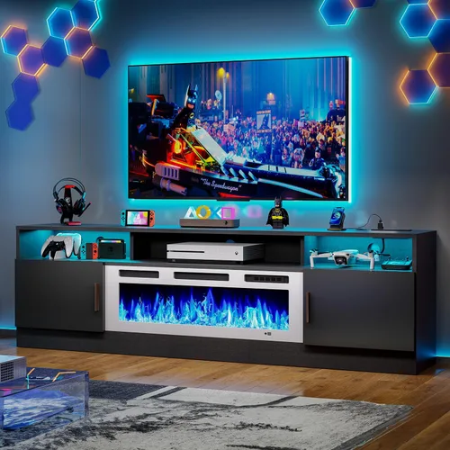 Miniatura 10 de MXV - Soporte de TV con chimenea de 70 pulgadas con toma de corriente para televisores de hasta 80 pulgadas, centro de entretenimiento con chimenea
