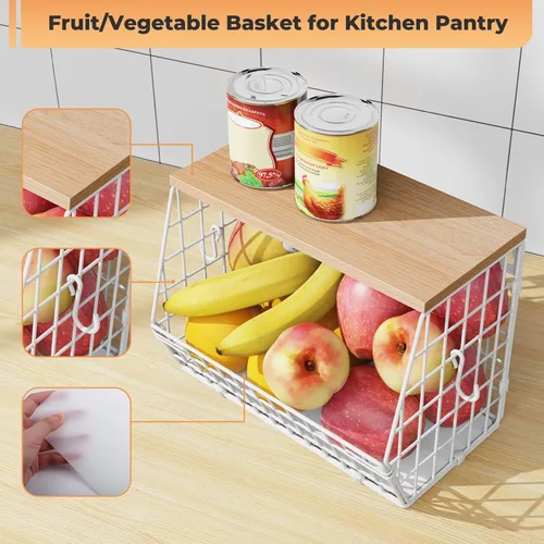 Miniatura 3 de Cesta de alambre para fruta, color blanco, cesta de almacenamiento de frutas y verduras, cesta de frutas para encimera de cocina, apilable