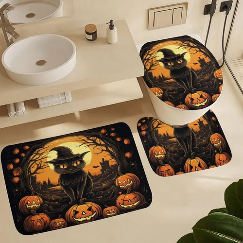 Miniatura 6 de Juego de 4 cortinas de ducha de Halloween, gato negro, luna llena, calabaza aterradora, cortina de ducha y alfombras, juego de cortina de ducha