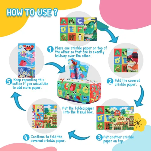 Miniatura 3 de URMYWO Caja de pañuelos de bebé juguete - Juguetes Montessori para bebés de 6-12 meses 1 año niño niña - Juguetes sensoriales suaves crujientes