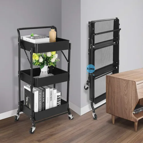 Miniatura 6 de Carrito plegable de metal de 3 niveles, carrito organizador plegable de almacenamiento multifunción para oficina en casa y biblioteca (negro)