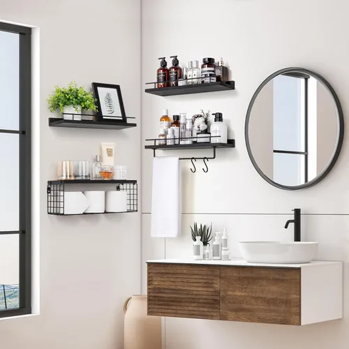 Miniatura 2 de SALA Juego de 4 estantes de baño para montar en la pared, estantes flotantes sobre papel higiénico con toallero, estantes de pared de madera