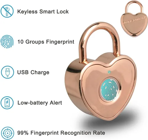 Miniatura 3 de Candado de huellas dactilares en forma de corazón, pequeño candado inteligente para casillero de gimnasio, mochila, escuela, buzón, maleta de viaje