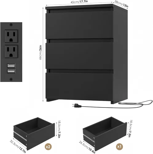 Miniatura 3 de FOTOSOK Mesita de noche negra, mesita de noche de 26" de altura con estación de carga, mesita de noche negra con puertos USB y tomas de corriente