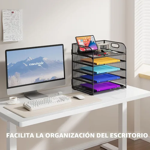 Miniatura 2 de Cawukege Organizador de papel de 5 niveles con asa, organizador de escritorio de malla de metal negro, carpeta de archivos, bandeja de cartas