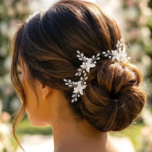 Miniatura 6 de HEREAD Flower Bride - Horquillas para el cabello de boda con perlas plateadas, accesorios para el cabello de hojas para mujeres (paquete de 3)