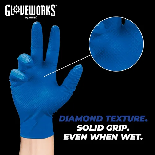 Miniatura 4 de GLOVEWORKS HD - Guantes desechables industriales de nitrilo azul real, 6 mil, sin látex ni polvo, seguros para alimentos, textura de diamante elevado
