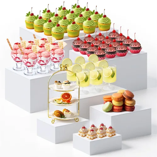 Leinuosen Juego de 7 elevadores de buffet extra grandes de 8" a 14" caja de exhibición de acrílico cuadrada elevador de mesa de postres para Blanco