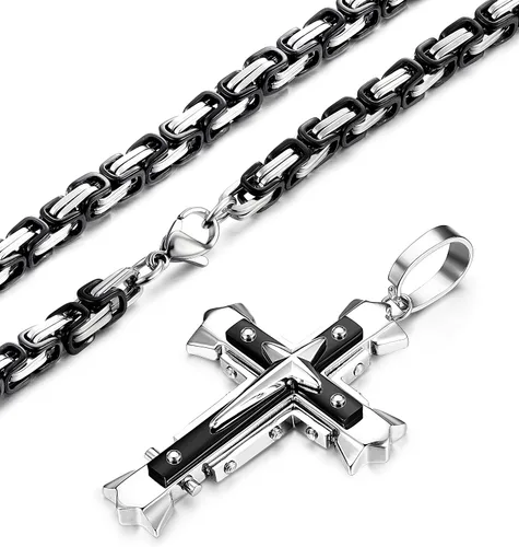 Miniatura 4 de LOLIAS Collar con colgante de cruz de acero inoxidable de 0197in para hombre cadena bizantina de 22 a 30 pulgadas