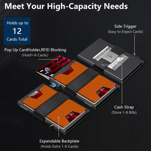 Miniatura 32 de Cartera delgada de aluminio para hombre, placa trasera expandible duradera, bloqueo RFID, billetera desplegable de metal minimalista, con capacidad