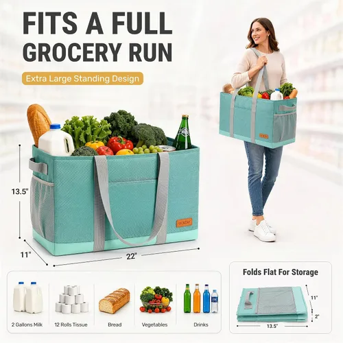 Miniatura 2 de WONDAY Portador de Bolsa de Compras Reutilizable Extra Grande de Pie con Asa, Treinta y Una Bolsa Utilitaria Plegable para Compras y Playa Verde