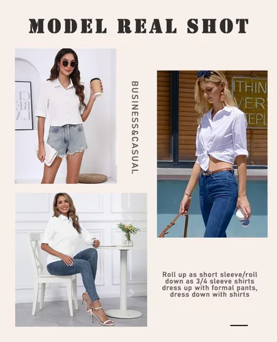 Miniatura 4 de Zeagoo - Camisas con botones para mujer, manga de 3/4, blusas de vestir, casual de negocios, cuello Oxford, tops