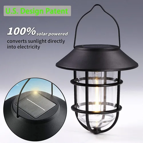 Miniatura 5 de Farol solar colgante para exteriores, luces solares impermeables de metal para exteriores con vidrio transparente, bombillas LED Edison decorativas