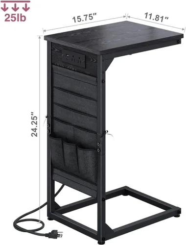 Miniatura 2 de Mesa auxiliar en forma de C con estación de carga rápida, mesa lateral pequeña para sofá con bolsa de almacenamiento, bandeja de TV para sofá