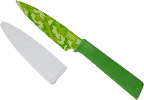 Kuhn Rikon Colori+ Cuchillo de pelar recto antiadherente con funda de seguridad, hoja de 4 pulgadas/4.0 in, color verde camuflaje verde (camo green)