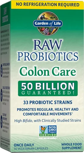 Garden of Life Probióticos para mujeres y hombres – Probióticos crudos para el cuidado del colon 50 mil millones de UFC y enzimas, estable una vez