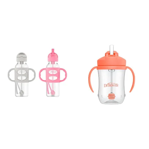 Dr. Brown's Milestones - Botella de popote estrecha y vaso con popote para bebé, a prueba de derrames, con asas 100% de silicona y popote con peso,