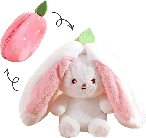 Almohada de peluche de conejo, reversible, zanahoria y fresa, animal de peluche con cremallera, bonita decoración de conejo para niños y adultos,
