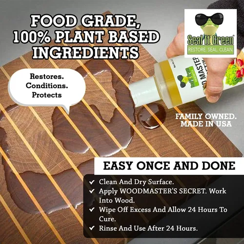 Wood Master's Secret - Tabla de cortar no tóxica, apta para alimentos, acondicionador y sellador. Supera las regulaciones de superficies de contacto
