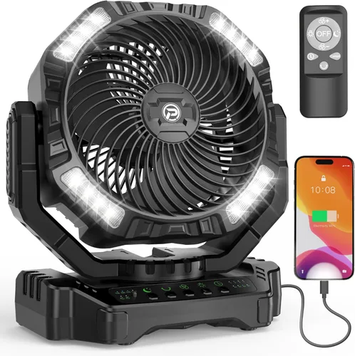 Miniatura 9 de 68HRS - Ventilador de campamento para correr con luz, batería recargable de 20000 mAh, potentes 4 velocidades y oscilación automática, con Naranja