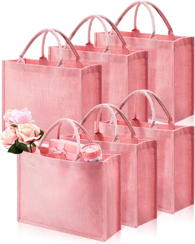 Miniatura 8 de Shappy Paquete de 8 bolsas de arpillera con asas de 15.8 x 11.8 x 5.9 pulgadas, bolsas de yute con interior laminado, bolsa de comestibles