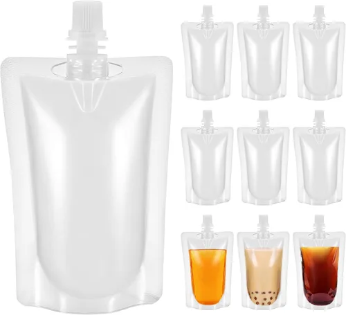 Yardwe Frascos de plástico transparente con sello de boquilla de succión, bolsas de bebidas portátiles de 3.5 onzas para jugo, agua, vino, bolsas