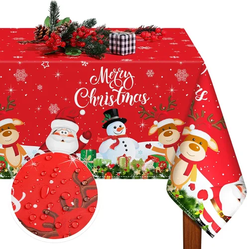 Miniatura 8 de Tiamon Mantel de Navidad rosa de 60 x 84 pulgadas para mesa rectangular, tela lavable a prueba de agua, cubierta de muñeco de nieve y Papá Noel