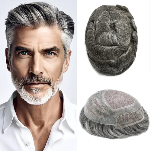 Miniatura 10 de Sistema de repuesto de piezas de cabello humano tipo tupé para hombre, transpirable, encaje francés, peluca para hombre, peluca de piel de #1B Negro
