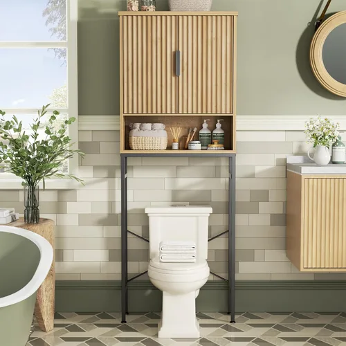 Miniatura 15 de Gabinete de almacenamiento sobre el inodoro con puertas estilo granja y estante ajustable, organizador de baño alto con soporte de metal que ahorra