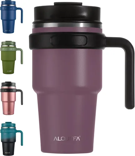 Miniatura 20 de Taza/vaso de café aislado de 20 onzas con asa, vaso de viaje de acero inoxidable con tapa y popote, vaso de doble pared con aislamiento al vacío a