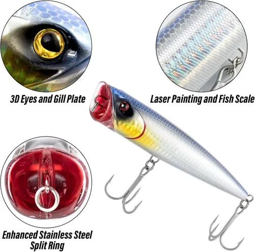 Miniatura 3 de Dr.Fish Popper - Señuelos de pesca de agua salada, 4/5.5 pulgadas GT Popper VMC anzuelos agudos señuelos de pesca para lubina, lucio, salmón en alta