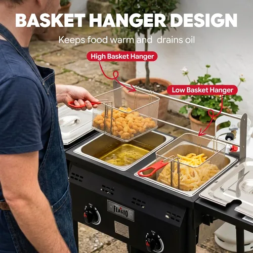 Miniatura 6 de Freidora profunda al aire libre de propano Feasto, tanque doble con quemadores independientes dobles de hierro fundido y termómetros, olla