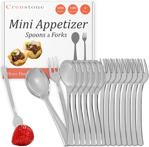 Paquete económico de cucharas y tenedores, 200 mini cucharas y tenedores plateados para aperitivos, cucharas de plata desechables