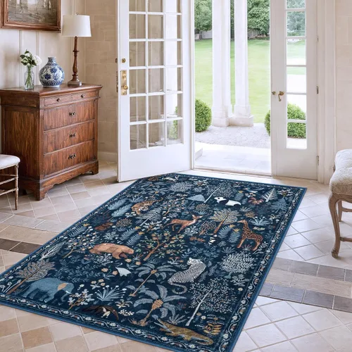 Miniatura 5 de OJIA Alfombras azules con estampado de selva de 5 x 7 pies para sala de estar, suaves, ultrafinas, lavables, para dormitorio, alfombra de entrada