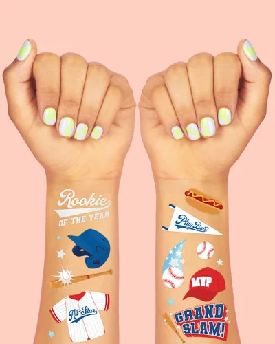 Miniatura 3 de xo, Fetti Tatuajes temporales de béisbol – 56 estilos de aluminio Fiesta de cumpleaños de béisbol, deportes para niños y niñas, suministros