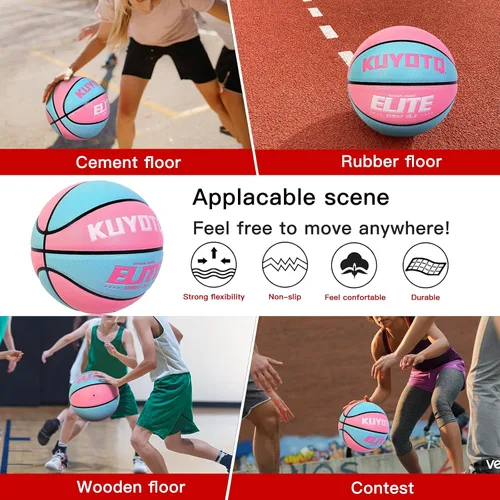 Miniatura 7 de KUYOTQ Balón de baloncesto Elite para niñas y mujeres, talla 6 (28.5 pulgadas), con bomba, de cuero compuesto de alta calidad, juego