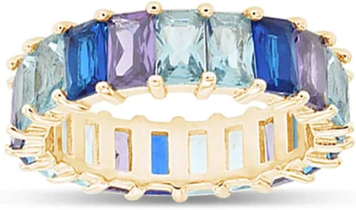 Miniatura 7 de Anillo de eternidad con piedras preciosas creadas AAA de corte esmeralda, chapado en oro amarillo de 18 quilates
